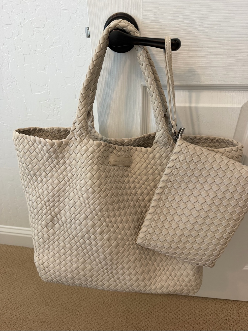 Parker & Hyde Oversized Woven Tote in Bone with Wristlet